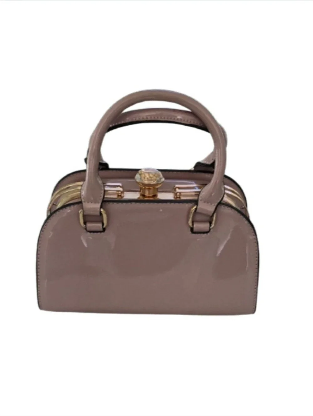 Retro Style Pink Patent Faux Leather Dome Satchel Handbag Crystal Clasp Purse